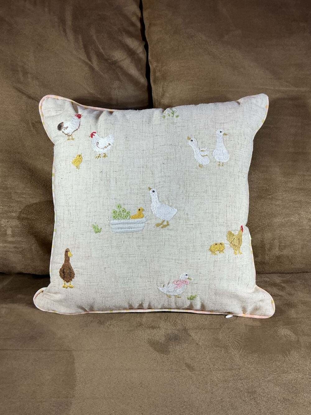 Embroidered Chicken and Duck Throw Pillow Beige Plaid Back